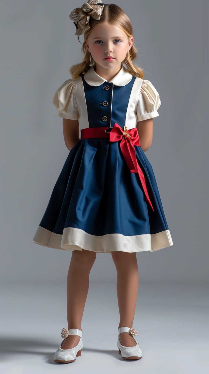 Девочка в наряде для выпускного детсада в стиле Ральфа Лорена