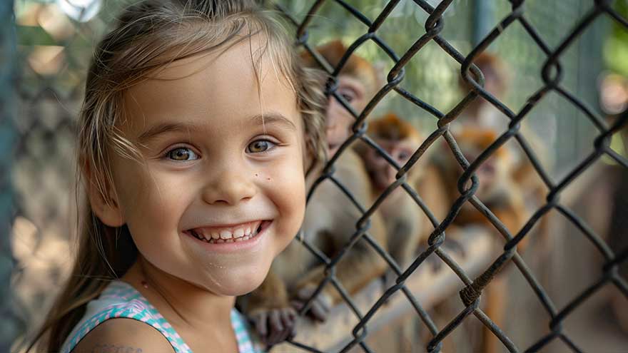 Девочка в зоопарке у клетки с обезьянками