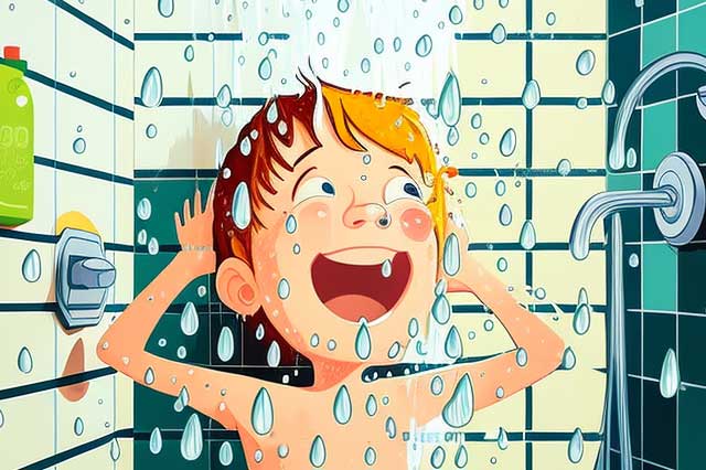 мальчик обливается водой в душе