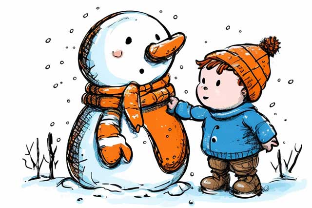 мальчик зимой повязывает свой шарф снеговику